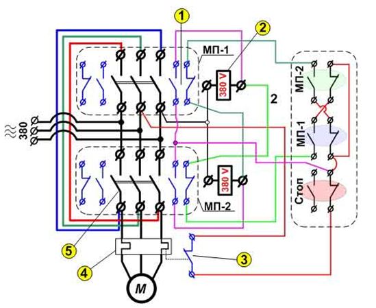 Схема подключения реверсивного пускателя в трехфазной сети