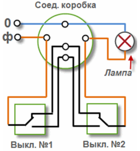 Схема подключения проходного выключателя с одноклавишного