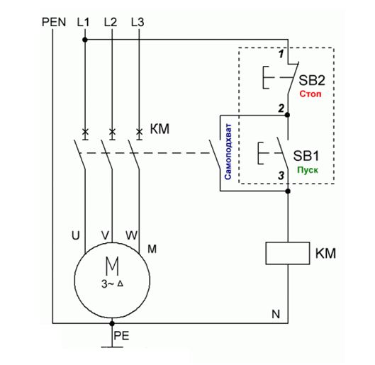 Подсоединение АД через магнитный контактор к сети 220