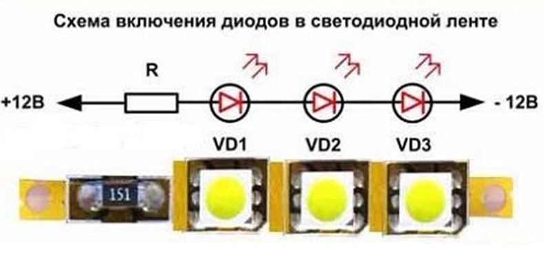 Схема включения диодов в светодиодной ленте